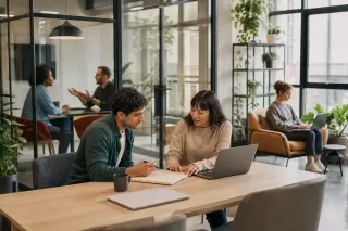 Bright modern coworking space with young professionals working at tables, others in a meeting room and lounge area, symbolizing different business support environments.