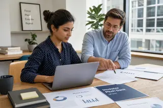 Two young professionals working together in a well-lit modern office, reviewing and organizing documents for a business application.
