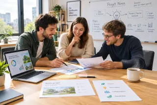 Trois jeunes adultes en réunion dans un bureau lumineux, discutant autour d'une table avec documents et ordinateur portable, ambiance professionnelle et collaborative.