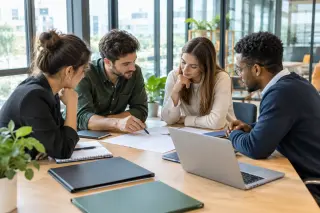 Quatre jeunes adultes autour d'une table de réunion moderne examinant attentivement des documents dans une atmosphère professionnelle et collaborative.