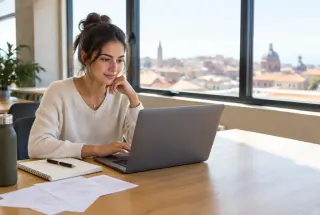 Étudiante entrepreneuse travaillant sur son projet dans un espace de coworking lumineux à Toulouse.